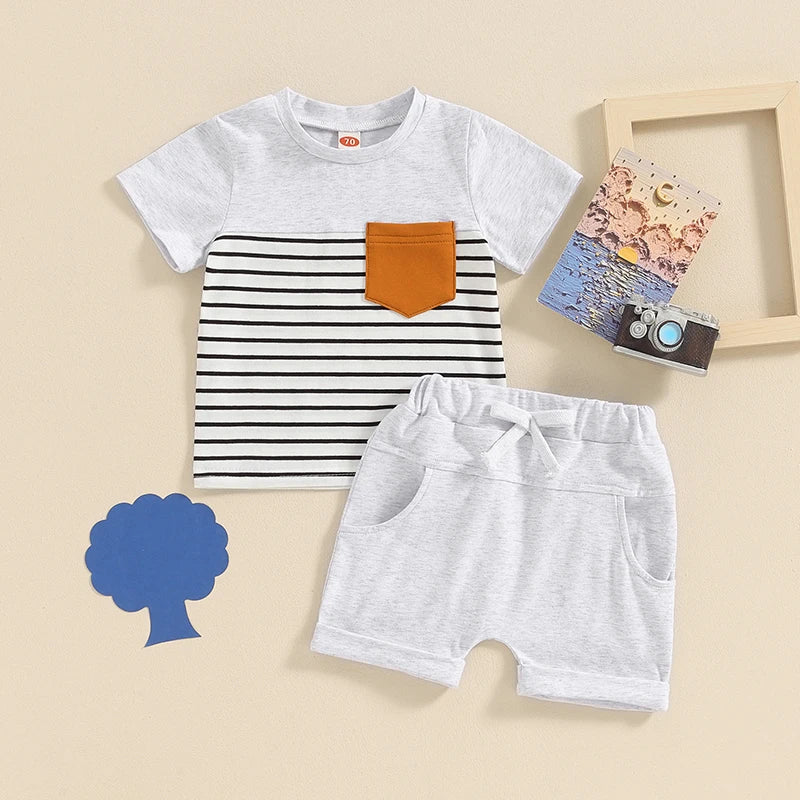 Toddler Baby Boy 2Pcs Summer Outfit Stripe Print Short Sleeve Pocket Top with Solid Color Shorts Set