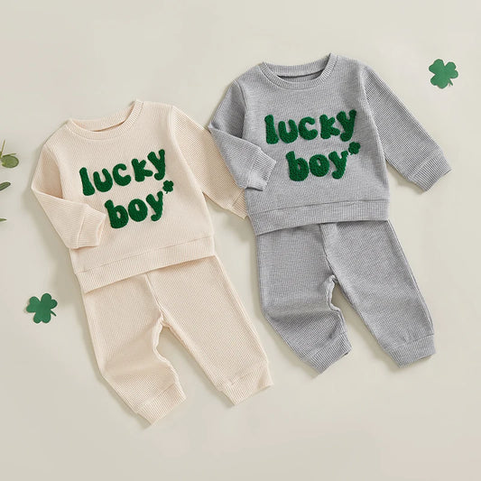 Baby Toddler Boys 2Pcs Lucky Boy St. Patrick's Day Outfit Letter Shamrock Clover Embroidery Long Sleeve Waffle Knit Crewneck Top and Pants Jogger Set