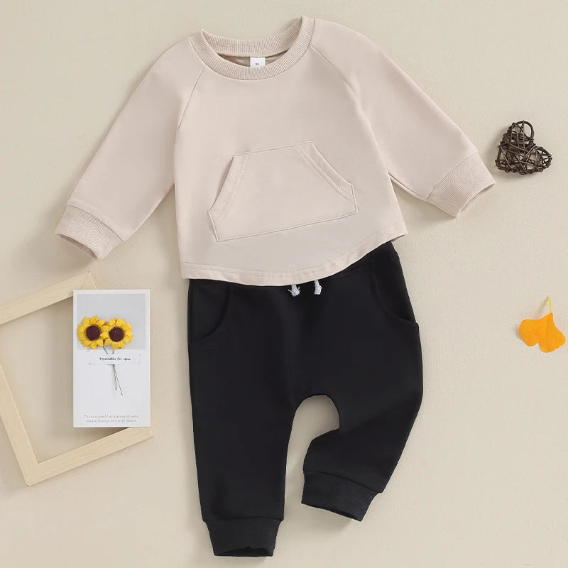 Toddler Baby Boy Girl 2Pcs Long Sleeve Solid Color Top Elastic Pants Set Outfit Tracksuit