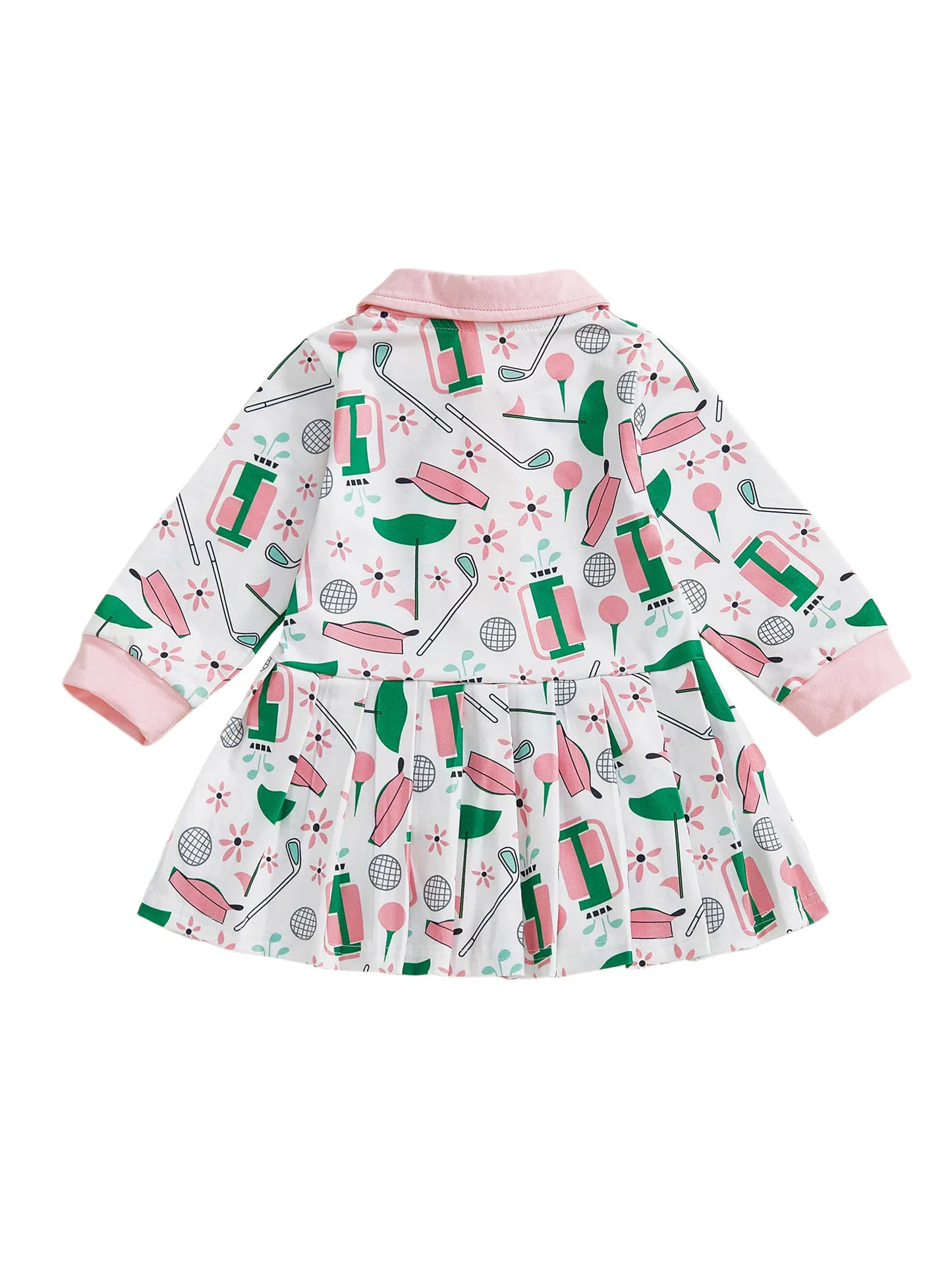 Baby Toddler Girl Golf Print Dress Lapel Button Front Long Sleeves A Line Dress