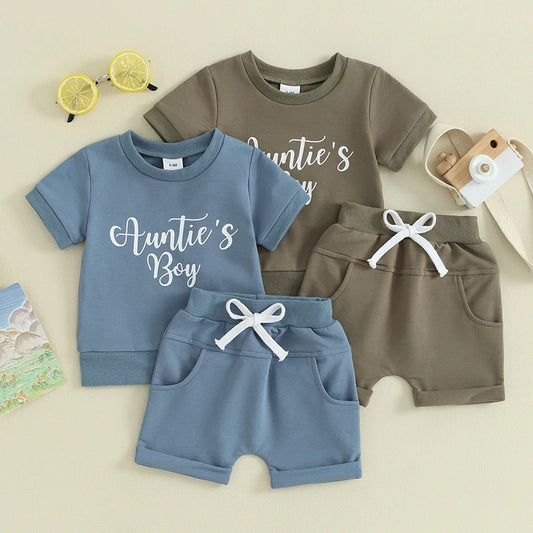 Baby Toddler Boy 2Pcs Auntie's Boy Shorts Set Letter Print Short Sleeve Round Neck Top with Solid Color Shorts Outfit