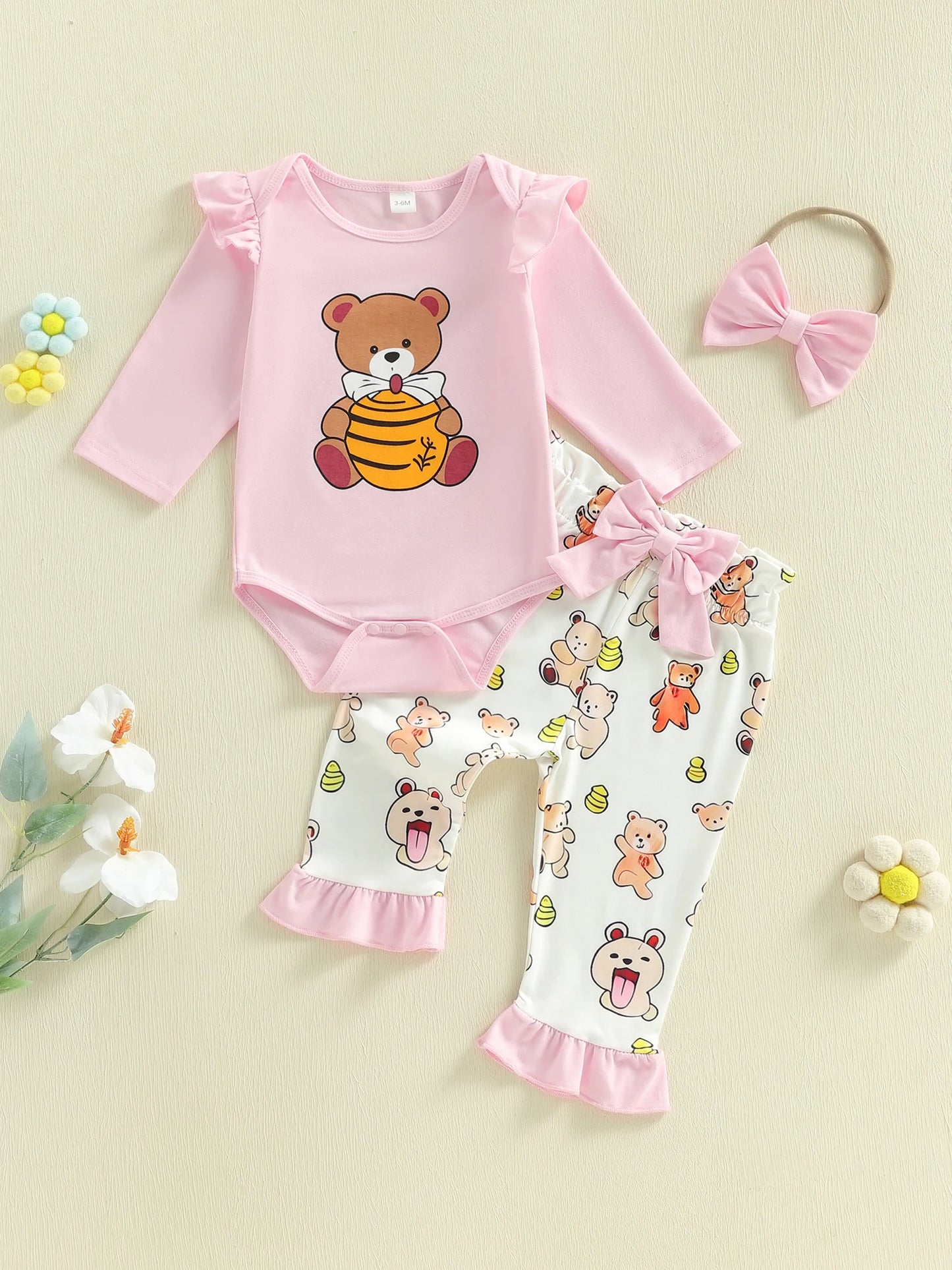Baby Girl 3Pcs Spring Outfit Honey Bear Long Sleeve Romper Ruffle Pants and Bow Headband 3 Piece Set