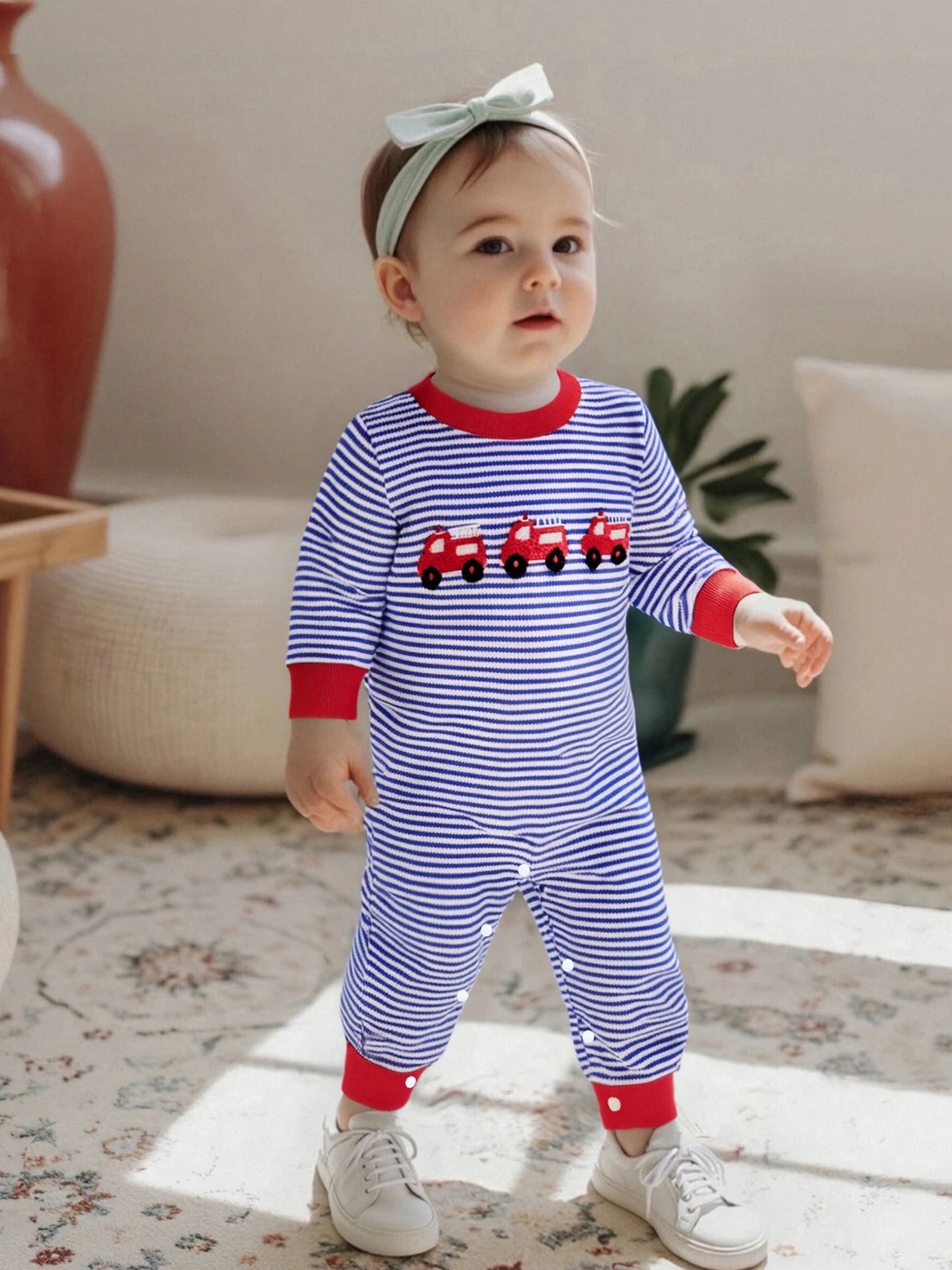 Baby Boy Fall Romper Striped Fire Truck Embroidered Crewneck Long Sleeve Full Length Jumpsuit