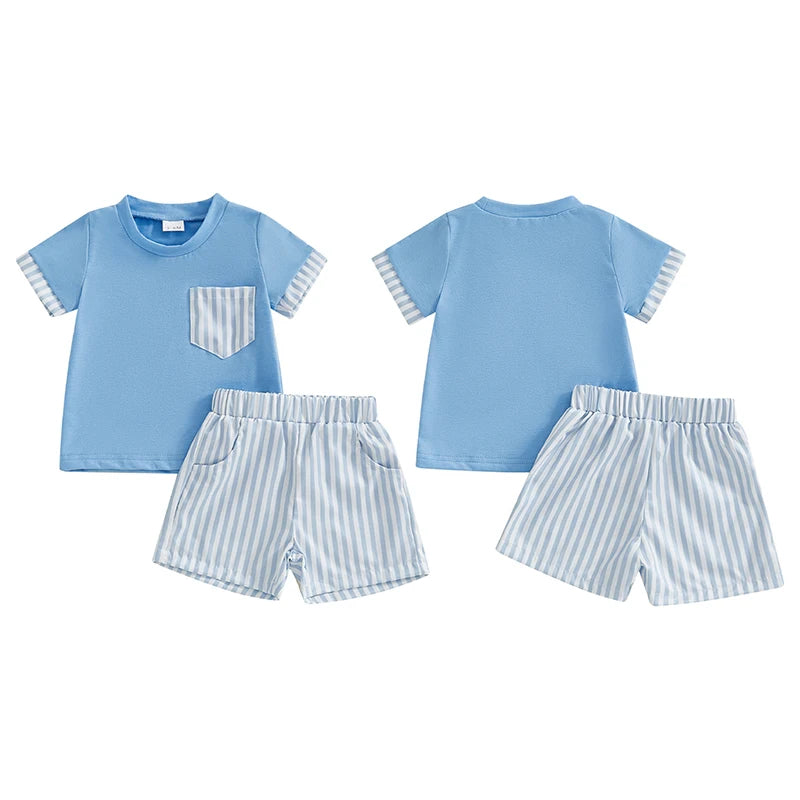 Baby Toddler Boys 2Pcs Set O-Neck Short Sleeve T-shirt Top Striped Elastic Waist Shorts Summer Outfit