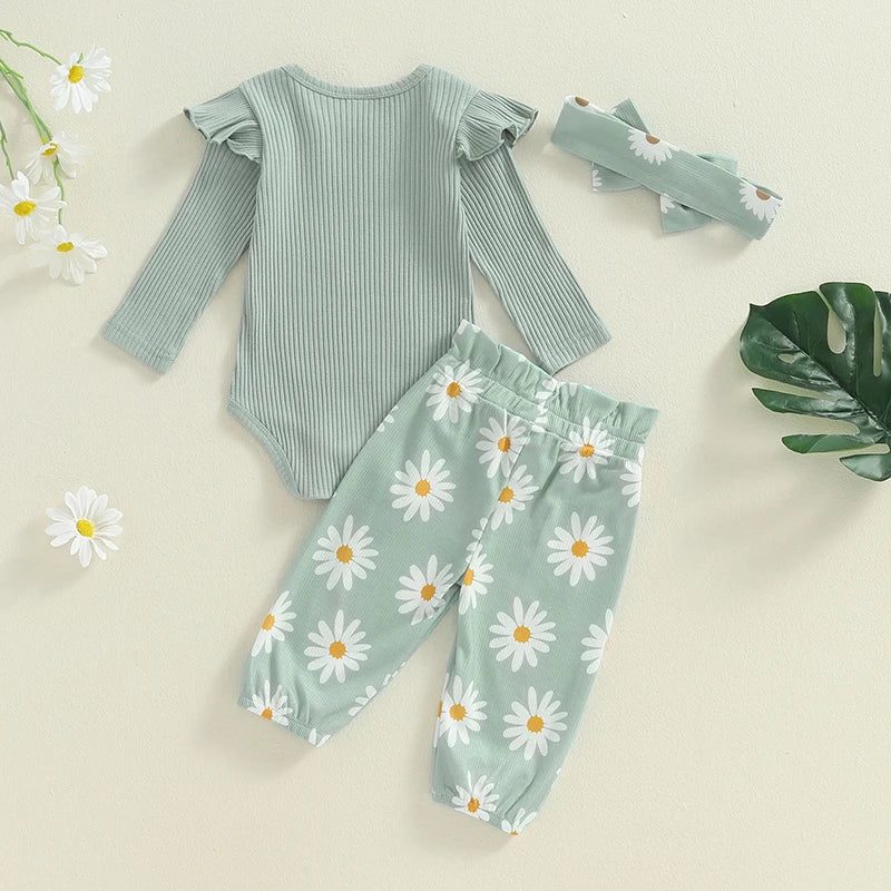 Baby Girls 3Pcs Little Sister Fall Outfit Letter Print Long Sleeve Romper with Daisy Flower Pattern Pants and Headband Set