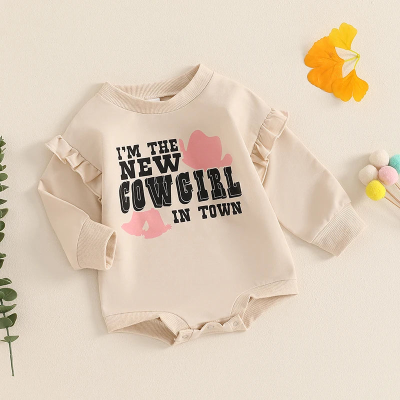 Baby Girls I'm The New Cowgirl In Town Fall Romper Cowboy Hat Letter Print Round Neck Ruffled Long Sleeve Bubble Jumpsuit