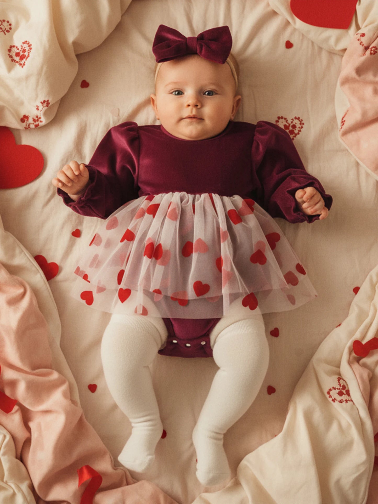 Baby Girls 2Pcs Valentine's Day Romper Dress Long Sleeve Heart Print Tulle Skirt Jumpsuits Headband Bow Set
