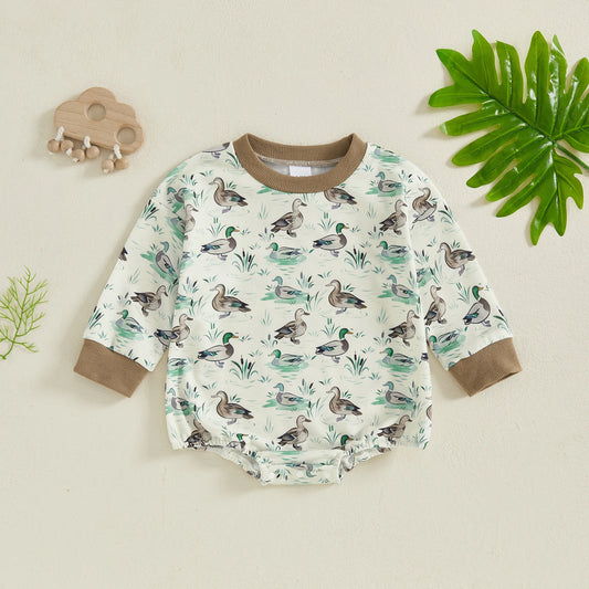 Baby Girls Boys Fall Romper Duck Print Long Sleeve Round Neck Bubble Jumpsuit