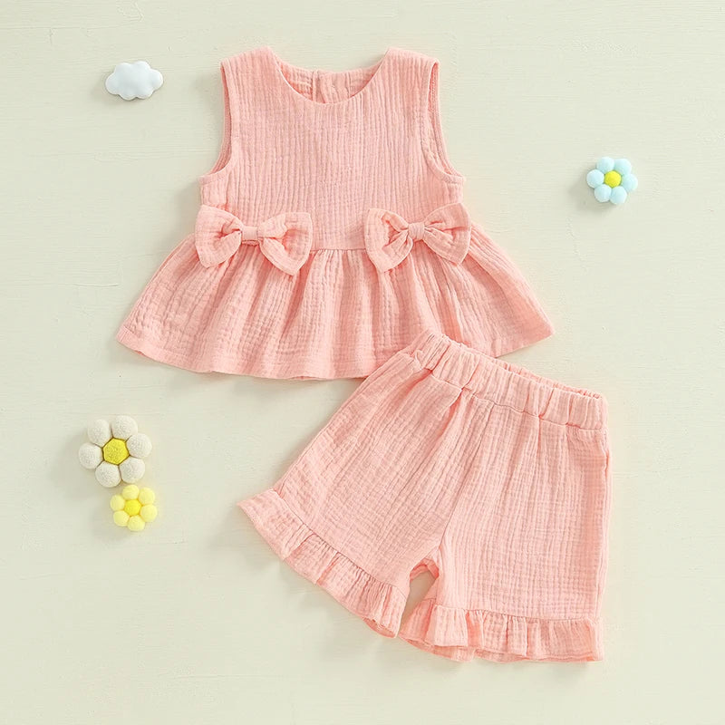 Baby Toddler Kids Girl 2Pcs Summer Clothes Solid Color Bow Round Neck Tank Top + Elastic Waist Ruffled Shorts Set