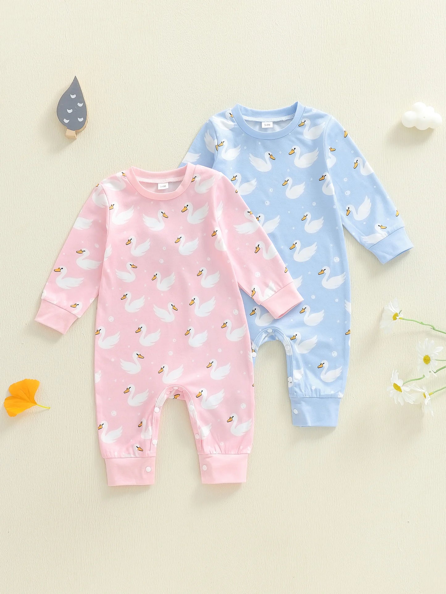 Baby Boys Girls Romper Comfortable Geese Print Crew Neck Long Sleeve Full Length Jumpsuit