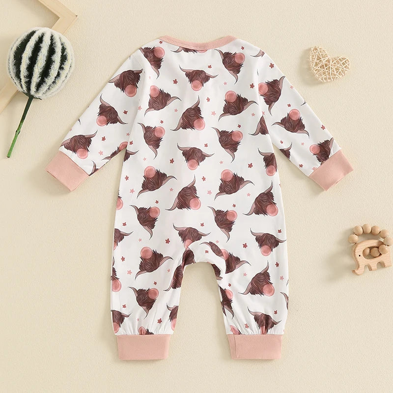 Baby Toddler Boys Girls Casual Jumpsuit Long Sleeve Cattle Head Cow Cactus Candy Cane Snowflake Print Zipper Romper