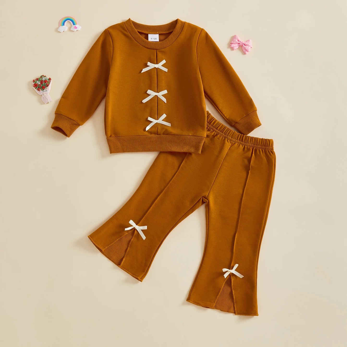 Baby Toddler Girl 2Pcs Fall Outfit Bow Decor Long Sleeve Round Neck Pullover Top + Elastic Waist Flare Pants 2Pcs Set