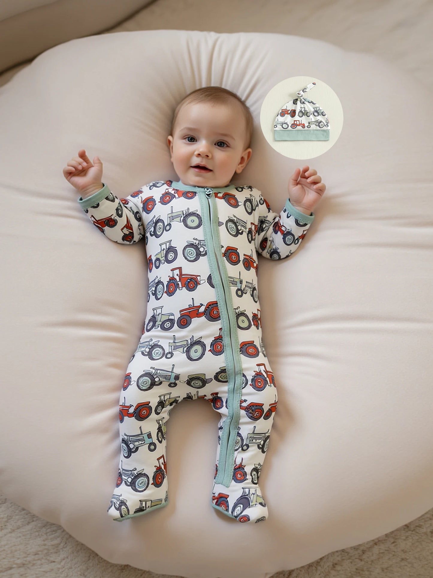 Baby Boys 2Pcs Fall Footed Romper Cute Tractor Pattern Round Neck Long Sleeve Zipper Jumpsuit with Hat Set