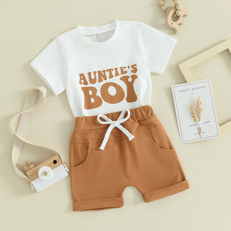 Toddler Baby Boy 2Pcs Summer Clothes Aunties Boy Short Sleeve Crewneck Shirt Top Shorts Set Outfit