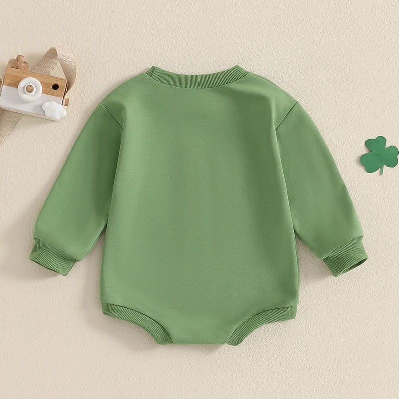 Baby Boys Girls One Spring St. Patrick's Day Birthday Romper Letter Shamrock Embroidery Long Sleeve O-Neck Bubble Jumpsuit