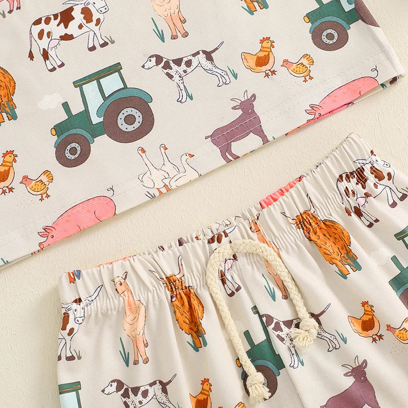 Baby Toddler Boys 2Pcs Farm Outfit Animal Tractor Print Pocket Short Sleeve Top with Elastic Waist Shorts Set