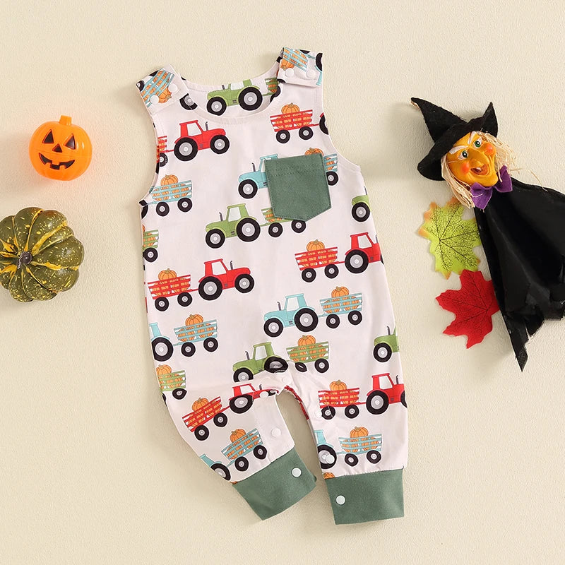 Baby Boys Jumpsuit Sleeveless Crew Neck Pocket Pumpkin Tractor Print Romper Halloween Jumpsuit