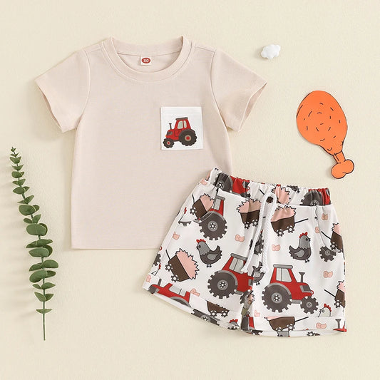 Baby Toddler Boys 2Pcs Clothes Set Tractor Print Short Sleeve Top with Elastic Waist Shorts Set Summer Outfit