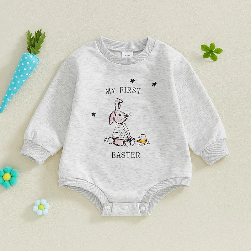 Baby Boys Girls My First 1st Easter Bubble Romper Bunny Rabbit Letter Pattern Long Sleeve Crew Neck Jumpsuit