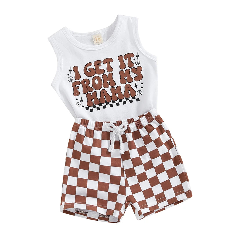 Baby Toddler Boy Girl 2Pcs Outfits I Get It From My Mama Letter Print Sleeveless Tank Top and Checkerboard Shorts Set Clothes