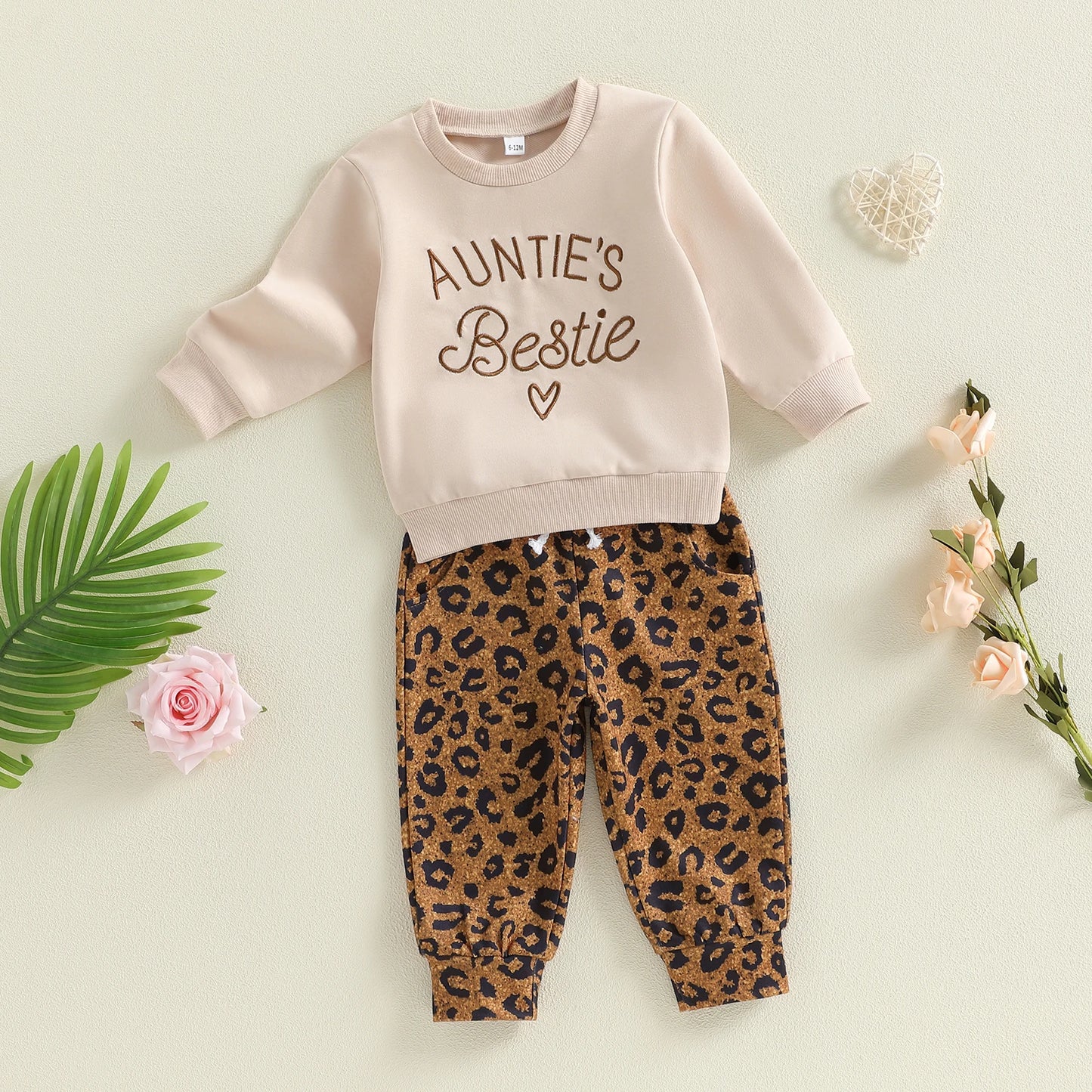 Baby Toddler Girls 2Pcs Auntie's Bestie Spring Outfit Letter Embroidery Long Sleeve Round Neck Pullover Top + Leopard Pants Jogger Set