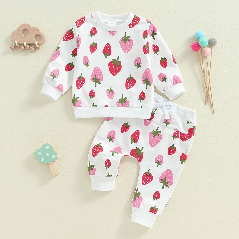 Baby Toddler Girls 2Pcs Outfit Strawberry Print Long Sleeve Crew Neck Top with Elastic Waist Pants Fall Set