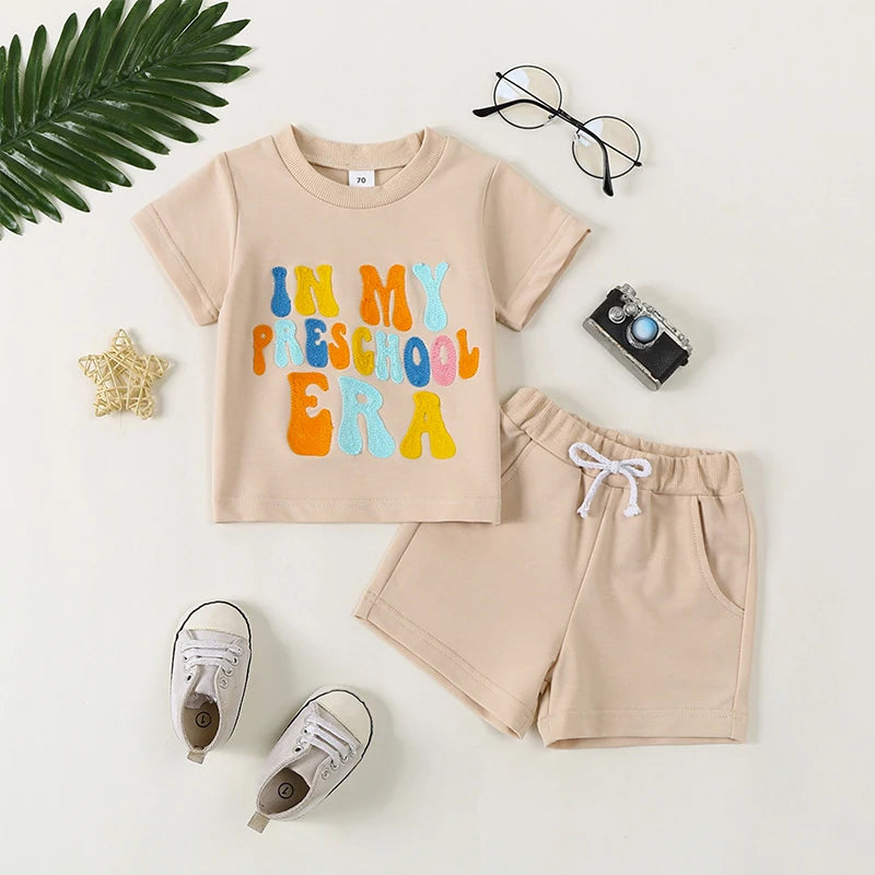 Toddler Kids Boys 2Pcs In My Preschool Era Summer Outfit Short Sleeve Letter Top + Pocket Shorts Set