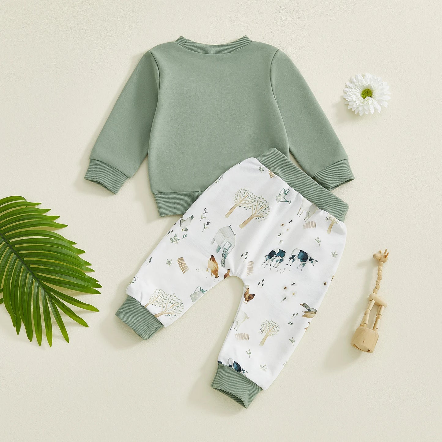 Baby Toddler Boys 2Pcs Fall Set Fashionable Long Sleeve Chicken/Duck Embroidery Pullover Top with Print Jogger Pants 2 Pcs Outfits