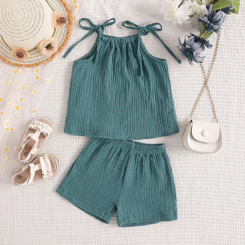 Toddler Baby Girl Summer Outfits Sleeveless Tie Strap Tank Tops + Shorts Set Clothes