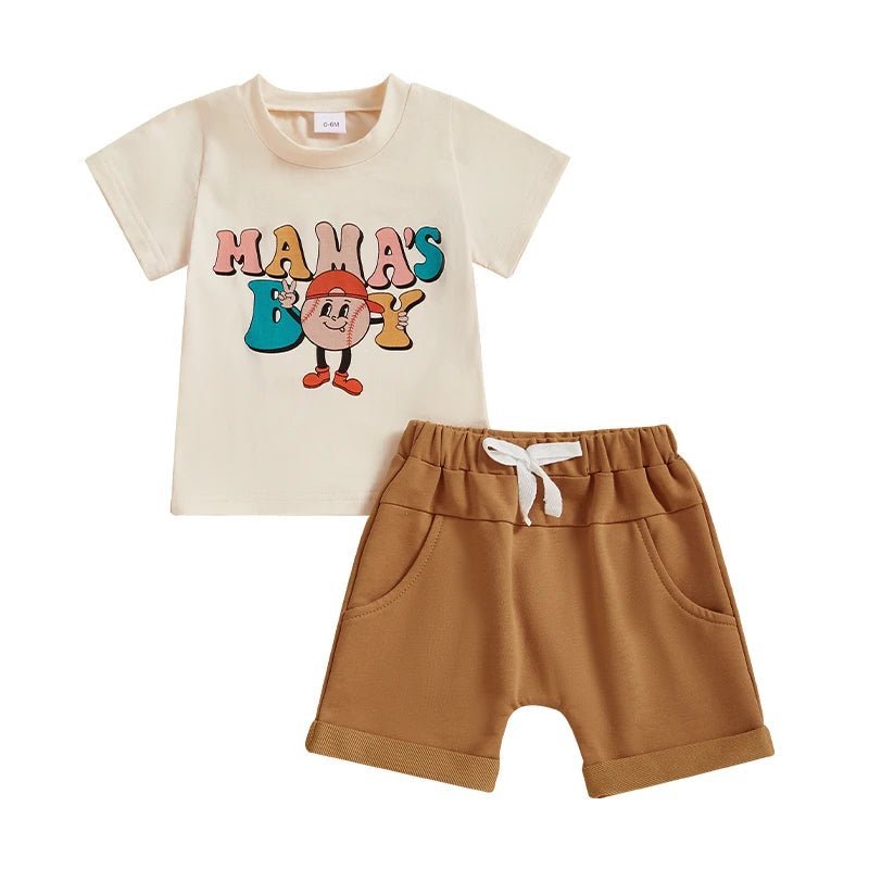 Baby Toddler Boys 2Pcs Mama's Boy Summer Outfit Letter Baseball Print O-Neck Short Sleeve Top with Elastic Waist Shorts Set