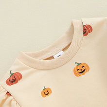 Load image into Gallery viewer, Baby Toddler Girls 2Pcs Fall Halloween Outfit Pumpkin Print Long Sleeve Frilly Shoulder O-Neck Pullover with Elastic Waist Pants Set
