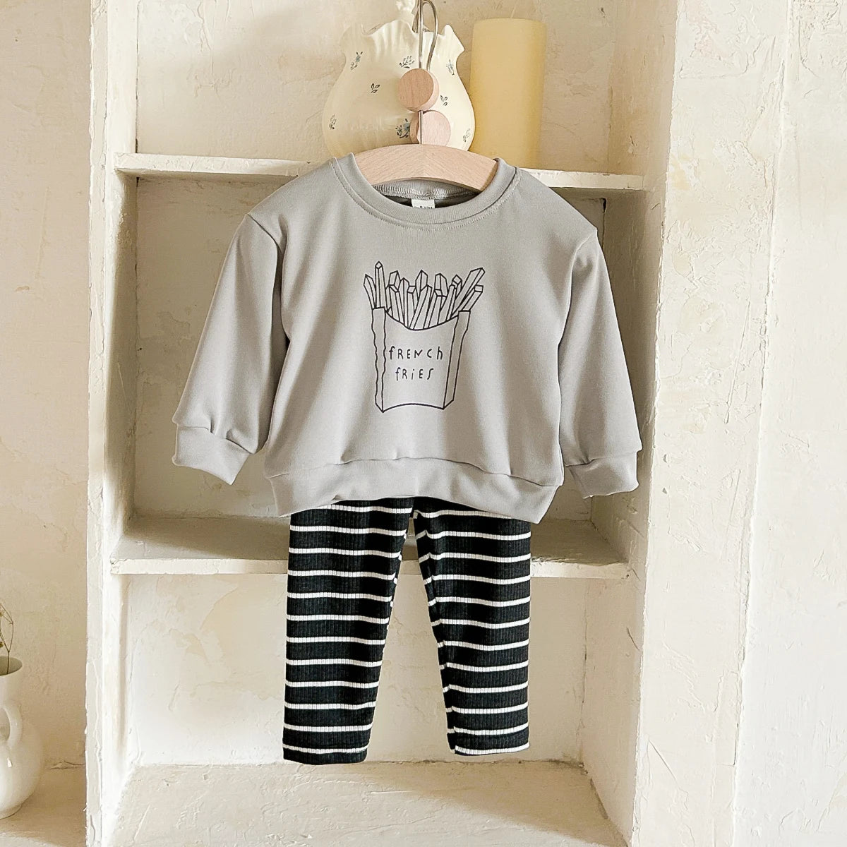 Baby Toddler Boys 2Pcs Outfit French Fries Print Crewneck Top + Striped Pants Set