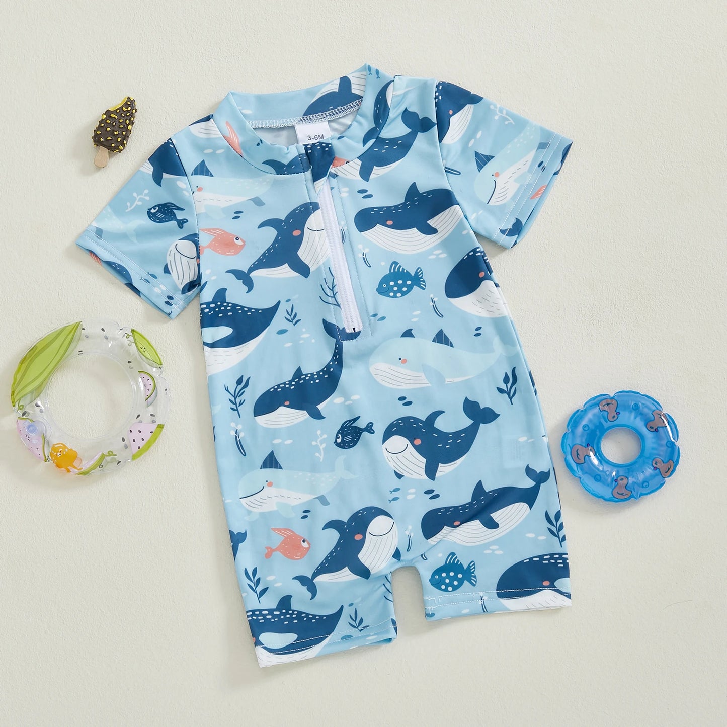 Baby Toddler Boys Rash Guard Swimsuit Short Sleeve Sea Animal Print Zip Up Bathing Suit Swimwear Romper