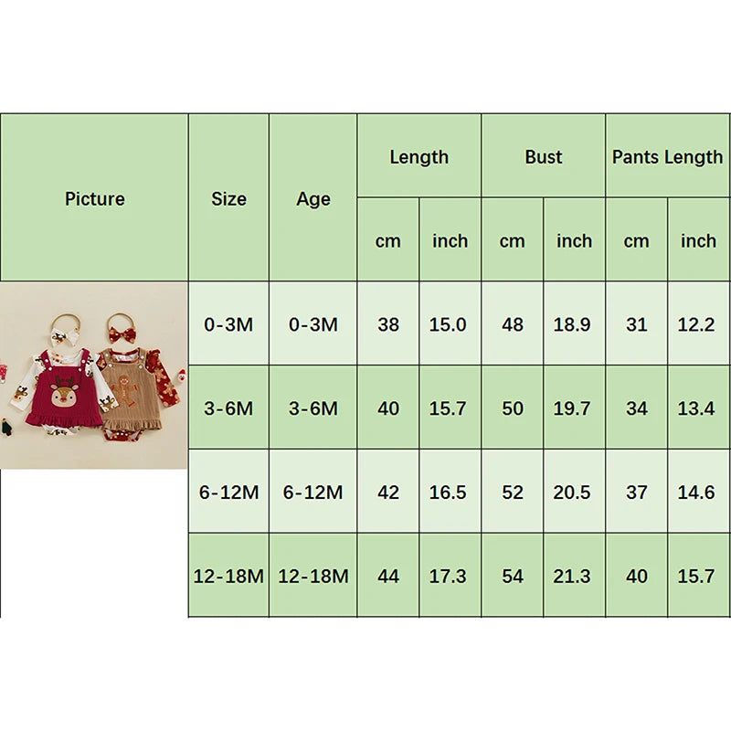 Baby Girls 3Pcs Christmas Outfit Reindeer / Gingerbread Man Print Romper Corduroy Overalls Dress Headband Bow Set