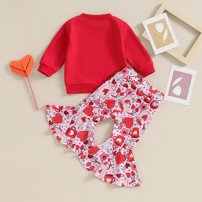 Toddler Baby Girl 2Pcs Valentine's Day Outfit Daddy's Valentine Letter Heart Print Crewneck Top Flare Pant Clothes Set