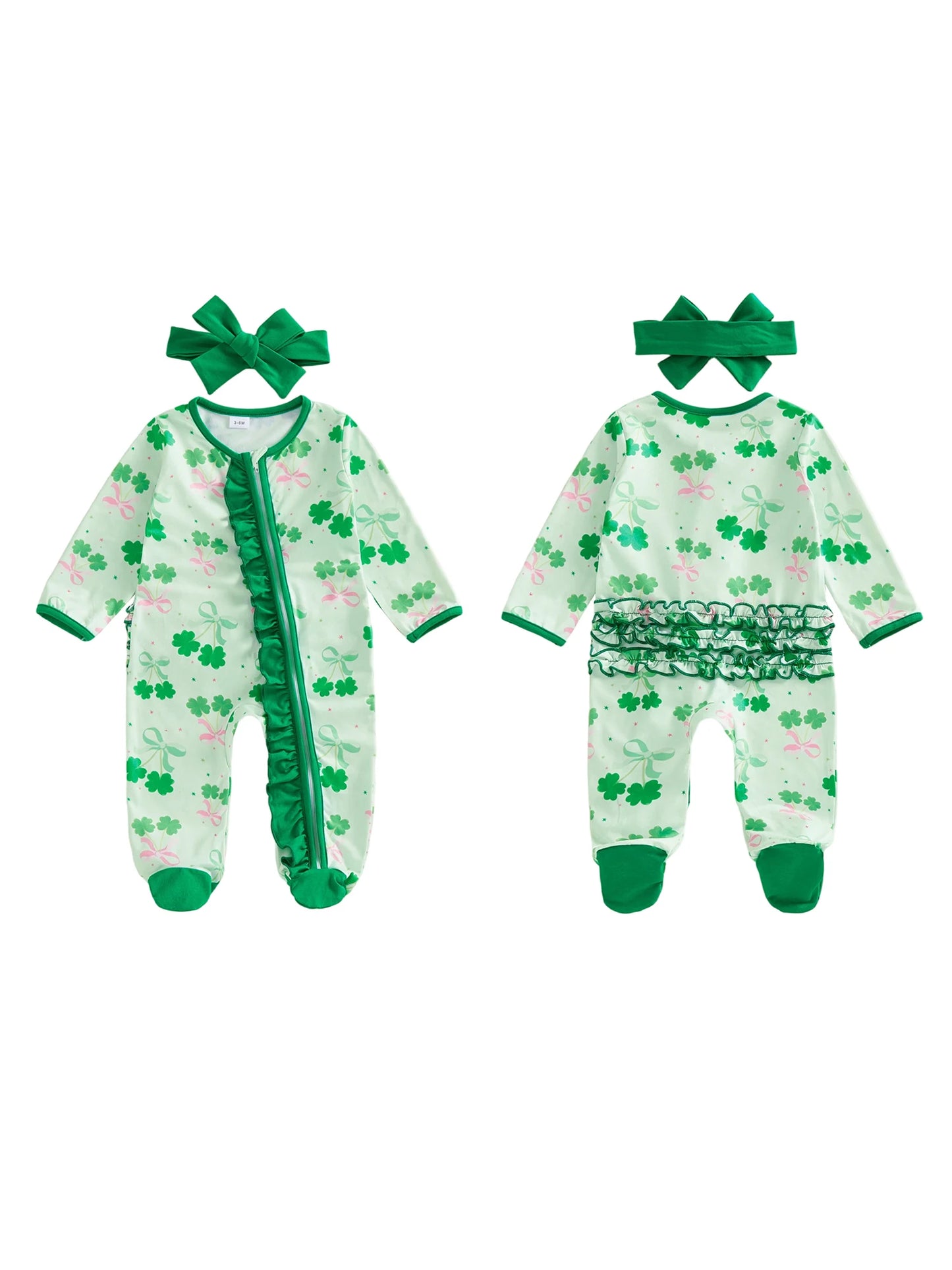 Baby Girl 2Pcs St. Patrick's Day Jumpsuit Long Sleeve O Neck Bow Clover Print Zipper Footed Romper with Headband Set