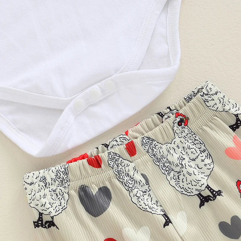 Baby Girls 3Pcs Give Me A Peck / Professional Chicken Chaser Short Sleeve Romper Chicken Print Flared Pants Headband Set Outfit