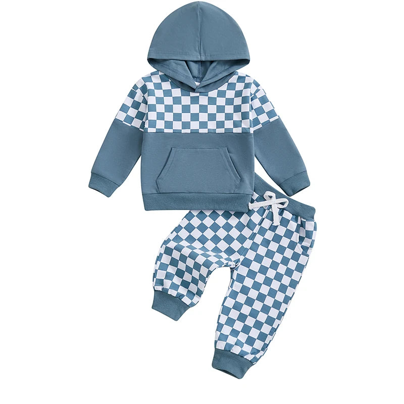 Baby Toddler Boys 2Pcs Outfit Checker Print Long Sleeve Hooded Top Hoodie with Elastic Waist Long Pants Jogger Set