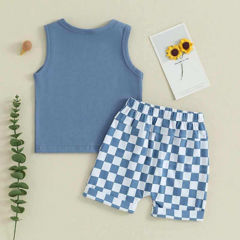 Baby Toddler Boys 2Pcs Clothes Solid Color Sleeveless Tank Top Checkered Shorts Outfit Set