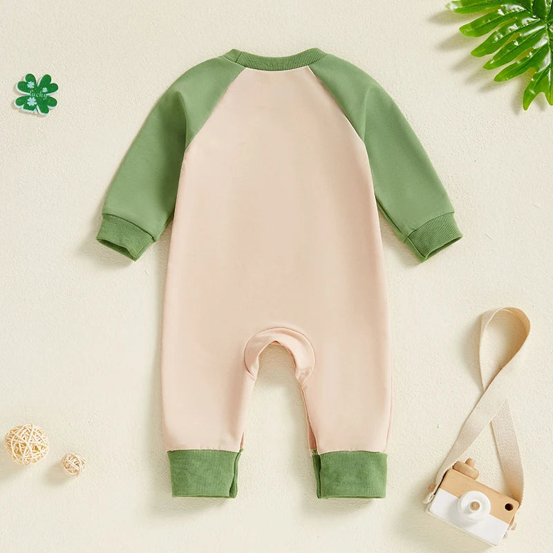 Baby Boys Girls Mama's Lucky Charm St. Patrick's Day Jumpsuit Letter Four Leaf Clover Embroidered Letters Raglan Long Sleeve Romper