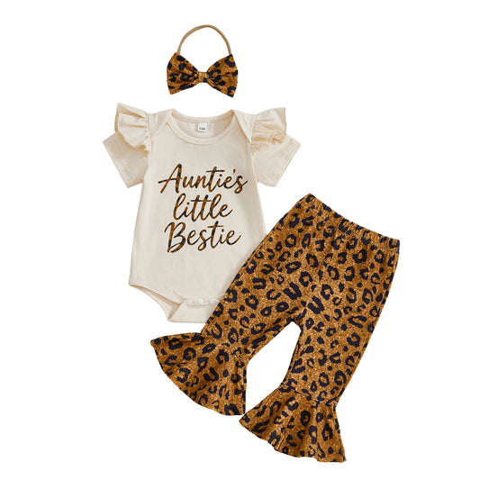 Baby Girl 3Pcs Auntie's Little Bestie Spring Outfits Letter Short Sleeve Romper with Leopard Pattern Flare Pants and Bow Headband Set