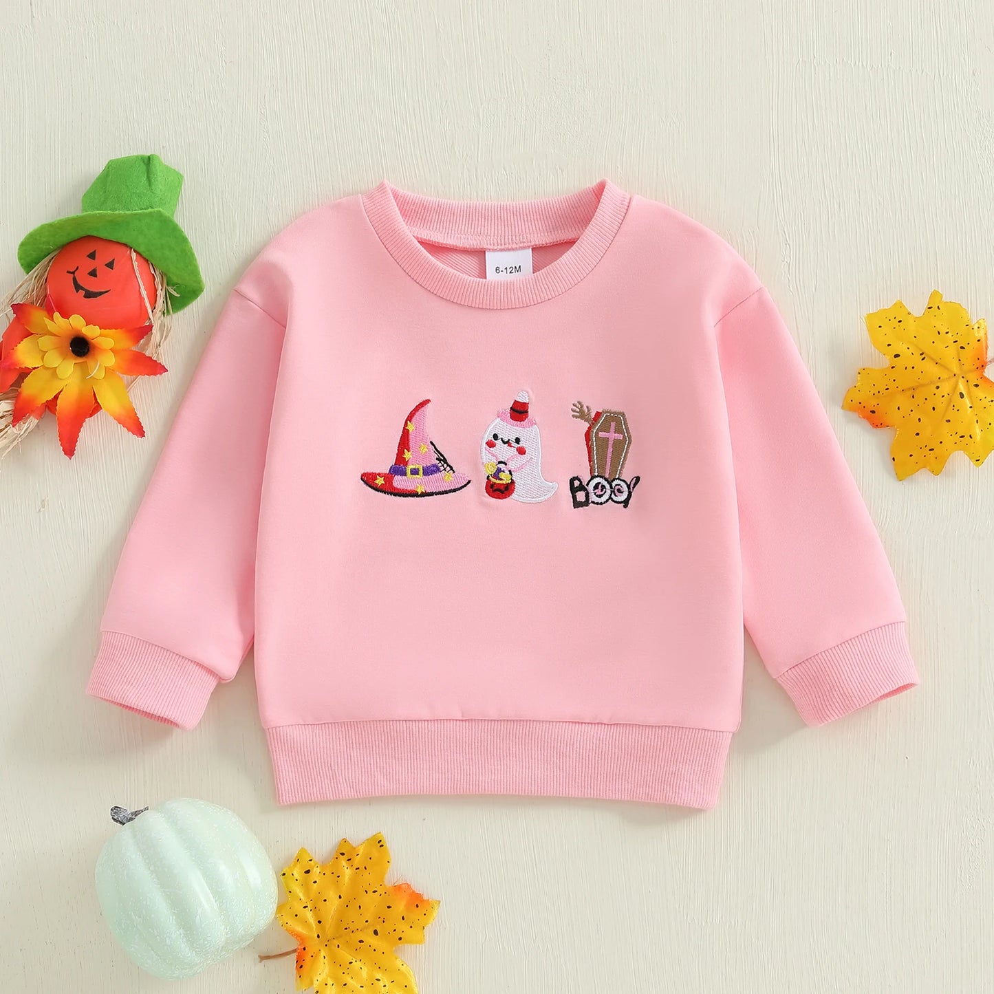 Baby Toddler Boys Girls Long Sleeve Pumpkin/Ghost/Christmas Tree Embroidery Crew Neck Top