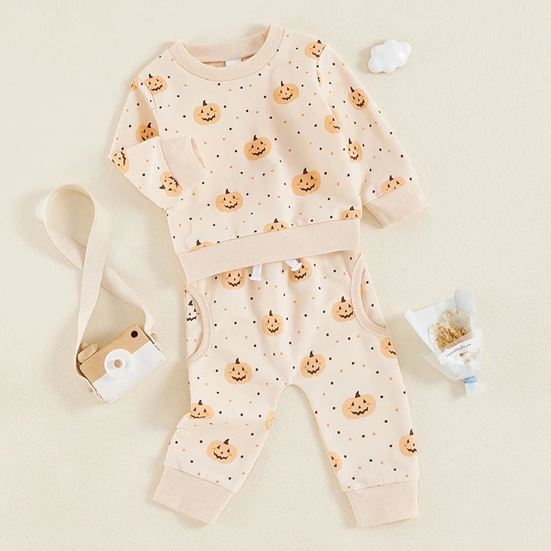 Baby Toddler Girls Boys 2Pcs Halloween Long Sleeve O Neck Pumpkin Print Top Pants Outfit Set