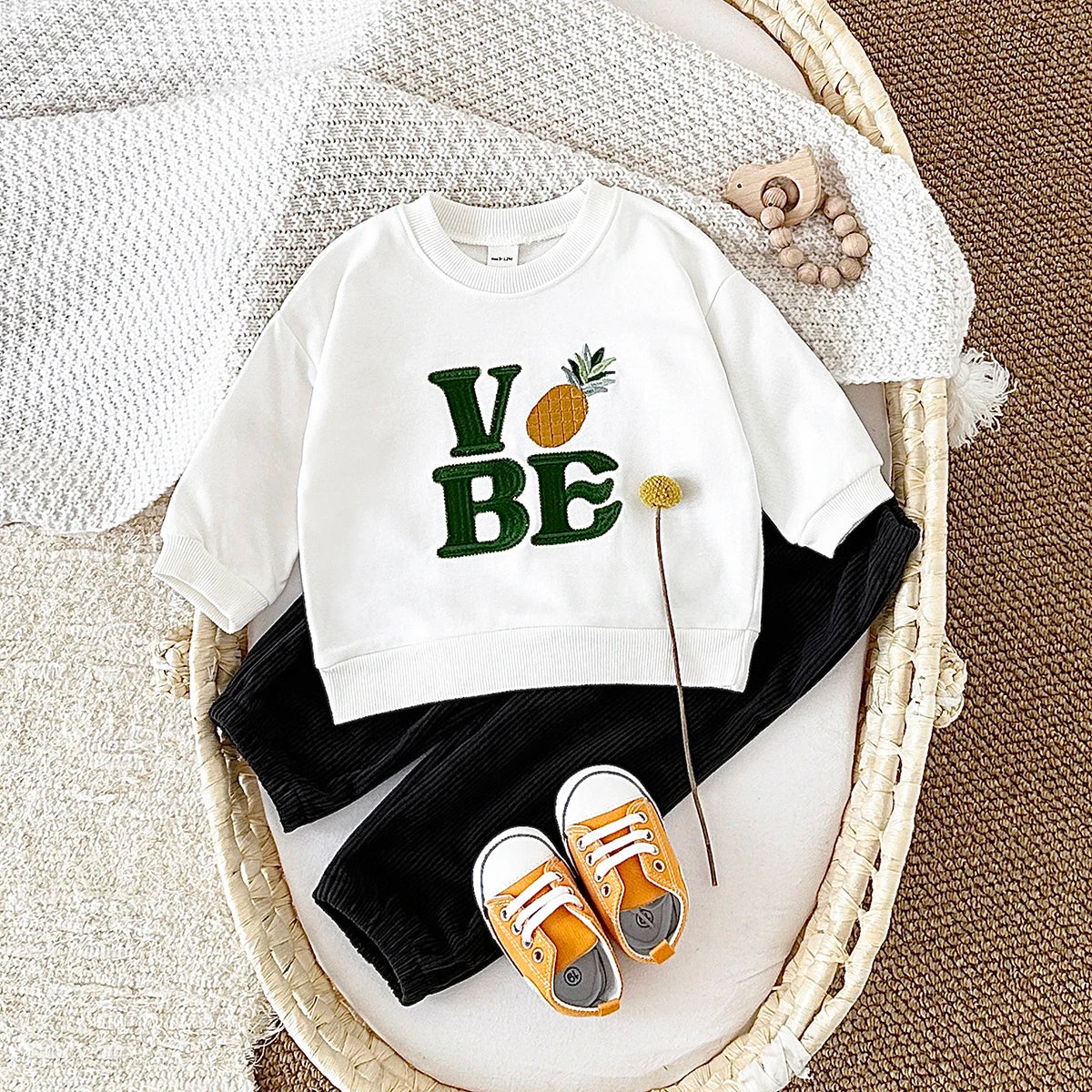 Baby Toddler Boys Girls 2Pcs Set Fruit Letters MOOD / LOVE / VIBE EmbroideryLong Sleeve Crewneck Top + Corduroy Pants Outfit