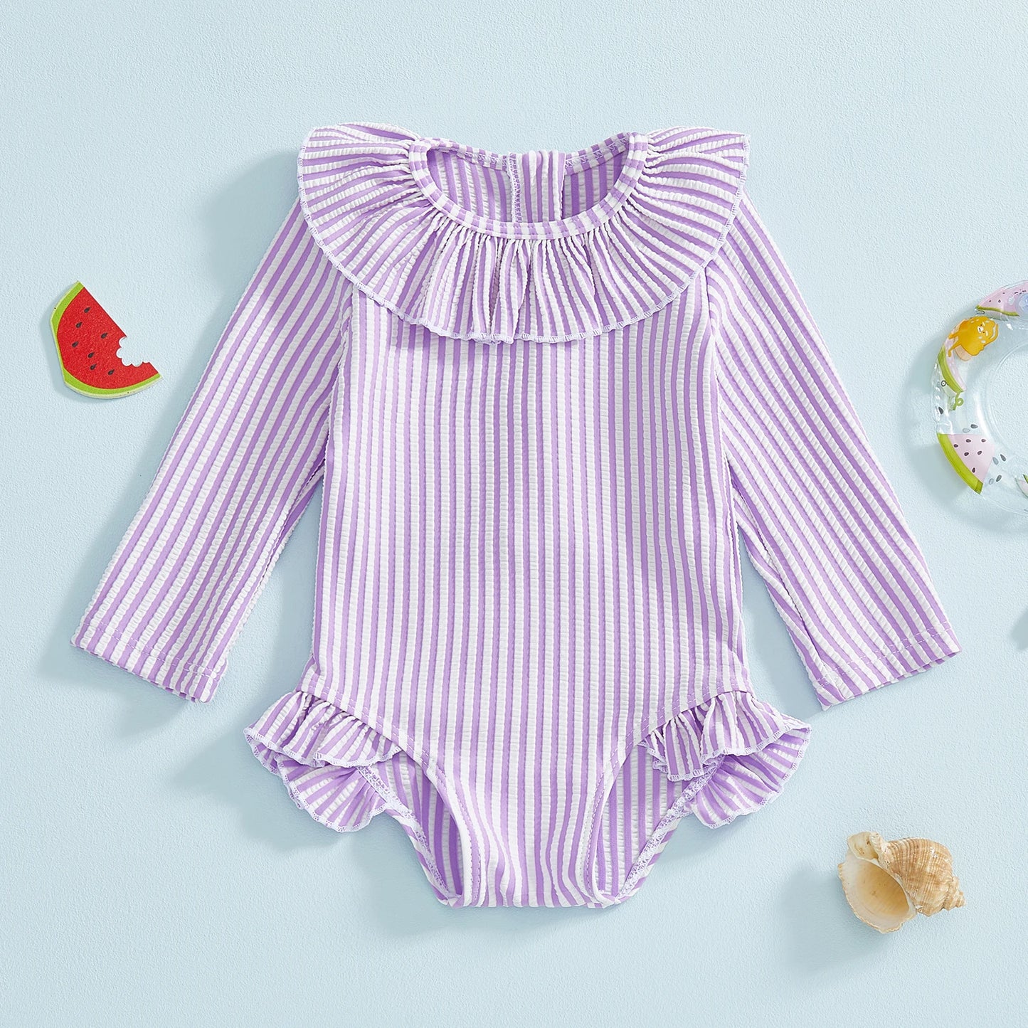 Baby Toddler Girl Rash Guard Swimsuit Long Sleeve Ruffled Collar Striped Swimwear Bathing Suit for Beach Pool