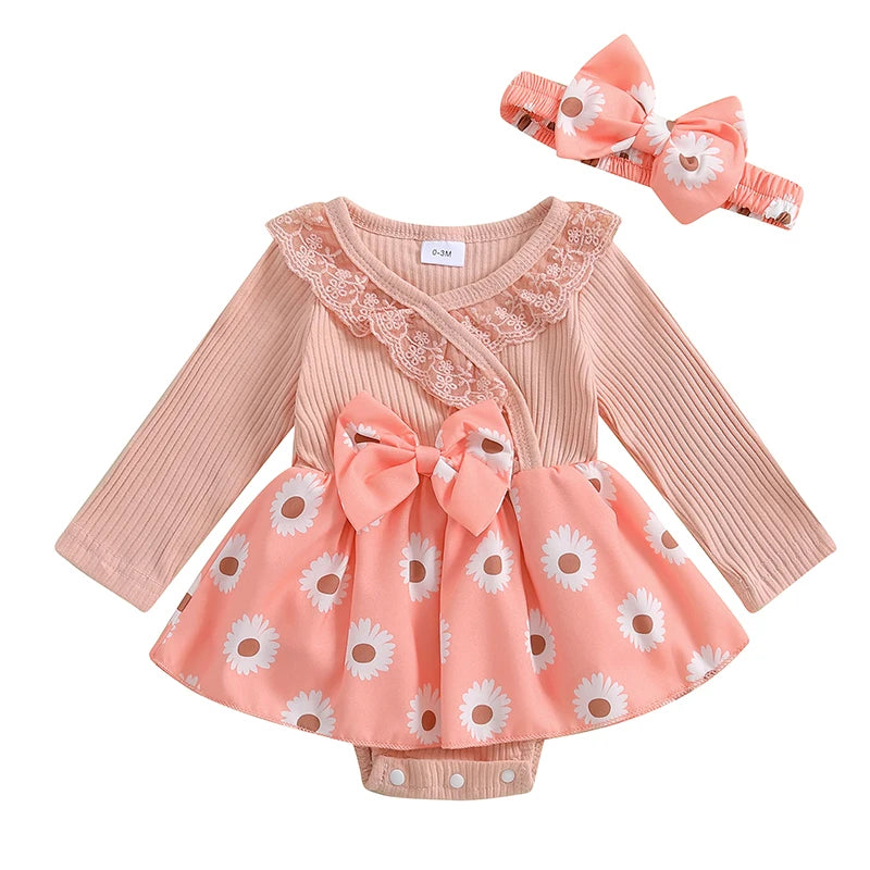 Baby Girls 2Pcs Romper Dress Floral Flower Print Lace Trim Long Sleeve Jumpsuit Romper and Headband Set