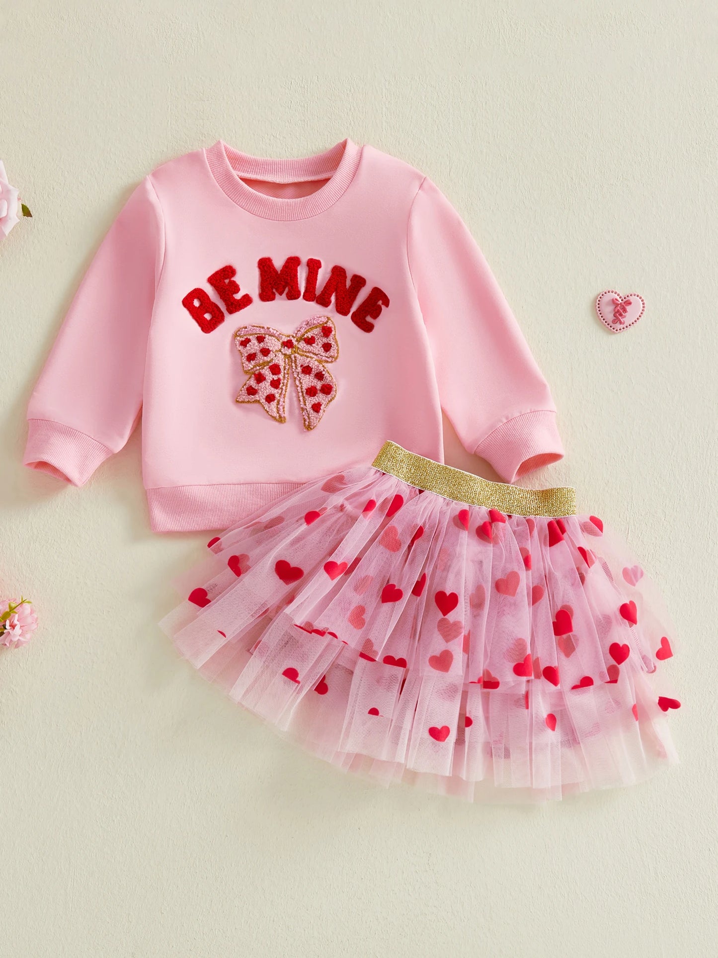 Baby Toddler Girls 2Pcs Be Mine Valentine's Day Outfit Letter Bow Embroidered Long Sleeve Top and Heart Print Mesh Tutu Skirt Set