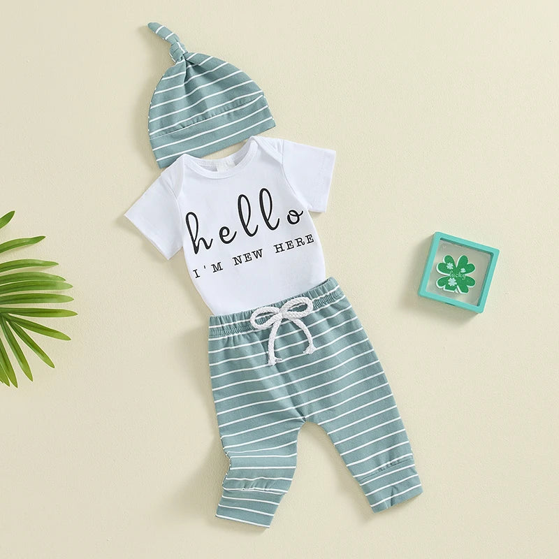 Baby Boy Girl 3Pcs Hello I'm New Here Summer Outfit Letter Print Short Sleeve Romper and Elastic Striped Long Pants and Beanie Hat Set