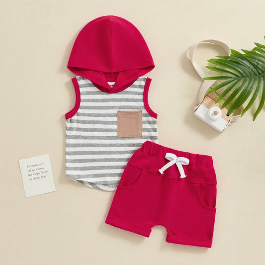 Toddler Baby Boy 2PCS Summer Set Striped Sleeveless Hooded Tank Top Elastic Waist Shorts Outfit