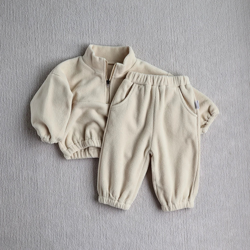 Baby Toddler Boys Girls 2Pcs Sports Sets Fleece Solid Long Sleeve Top Quarter Zip Elastic Waist Pants Outfit